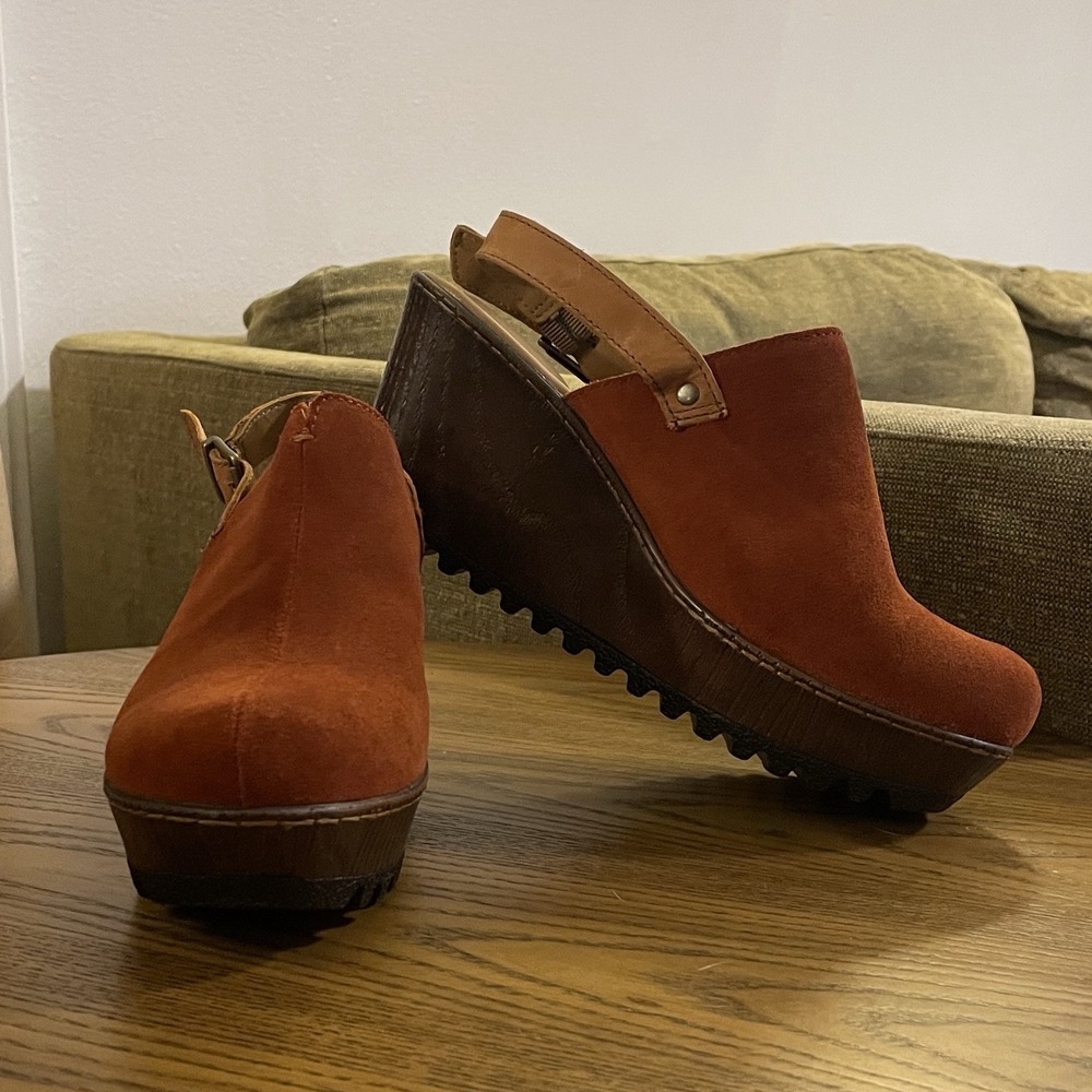 Boconi Red Suede Mules with Brown Wedge